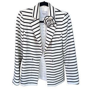Weill Paris Black & White Striped Notch-Lapel Blazer with Floral Pin